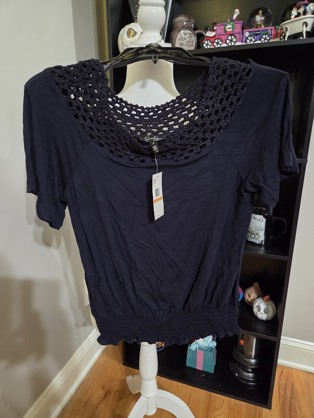 Jessica Simpson Navy Crochet Yoke Short Sleeve Blouse